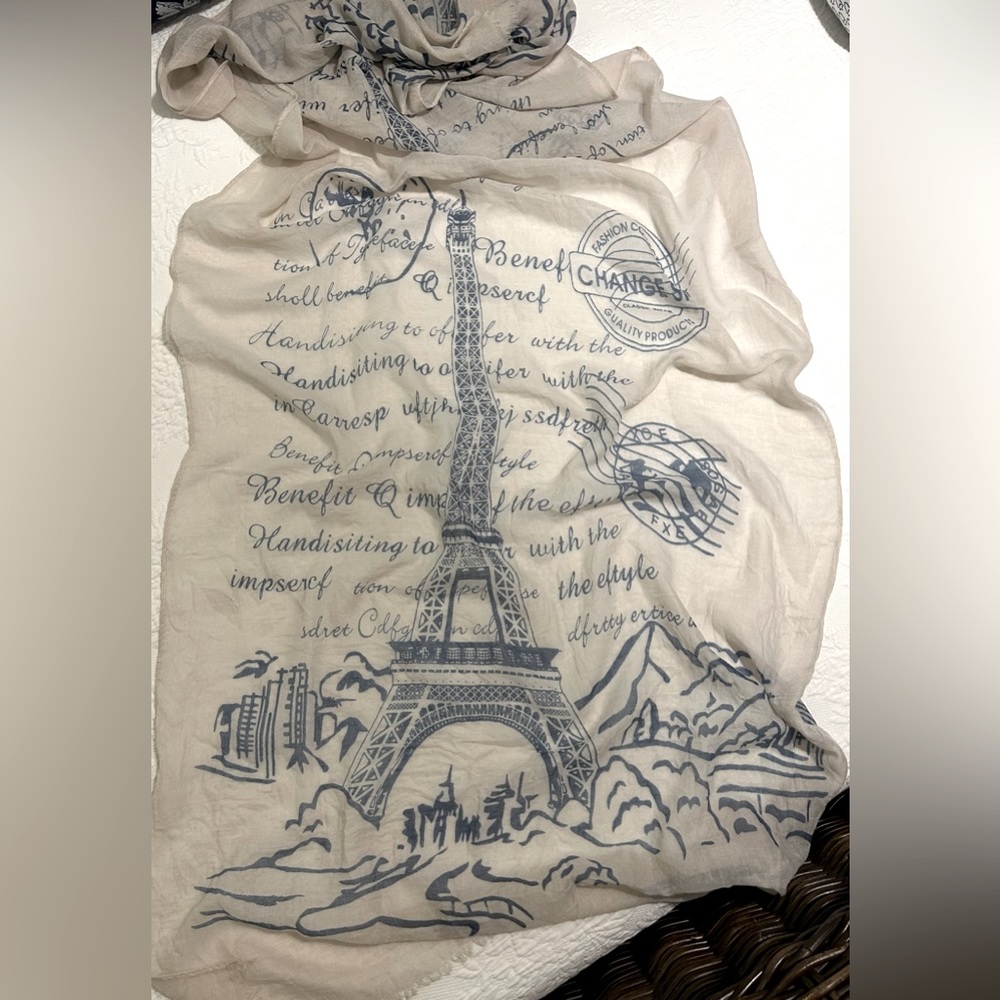 PARIS SCARF: Blue on white lightweight scarf with Eiffel Tower and fancy script
